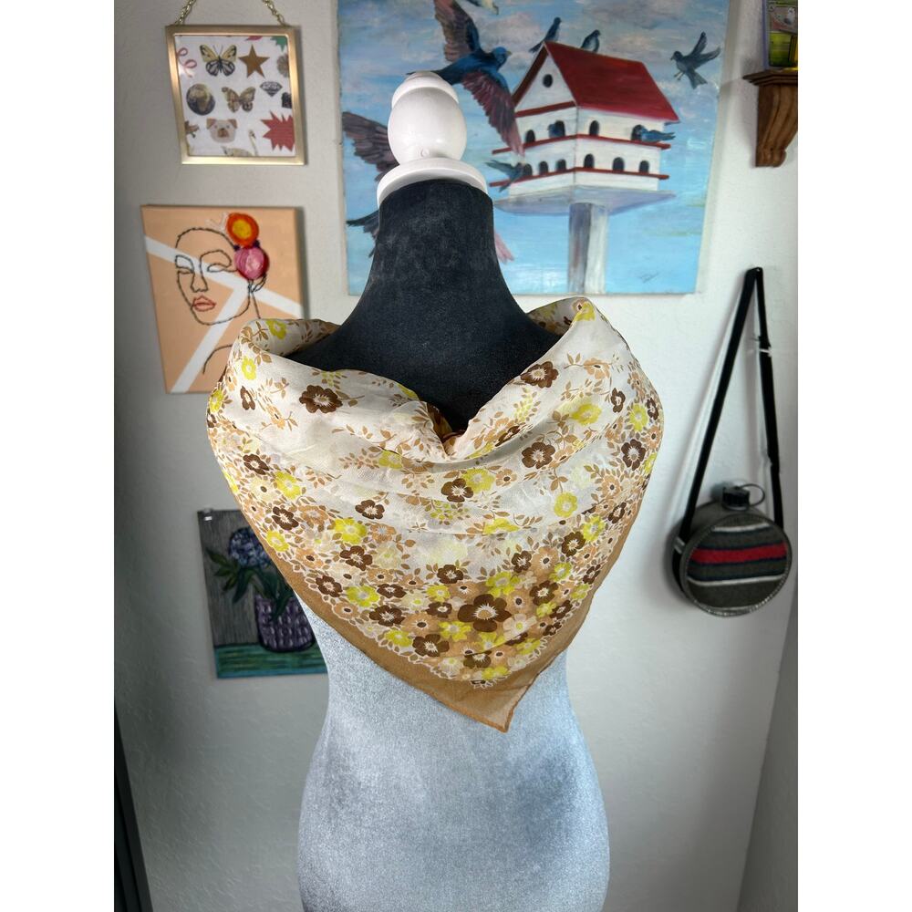 Vintage Square Nylon Scarf- some loose threads snagging- brown yellow florals